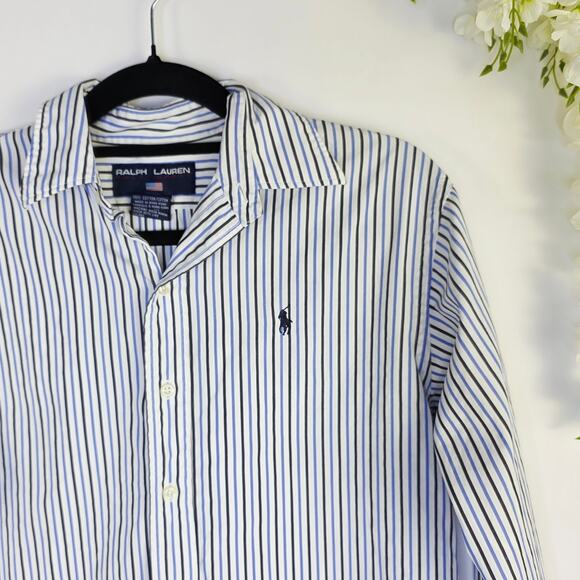 Ralph Lauren Sport Button Down Shirt 10 Blue Striped Cotton Preppy Classic - Picture 4 of 11